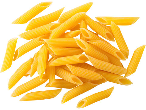 Raw penne pasta isolated on transparent background, perfect for Italian cuisine and cooking visuals.