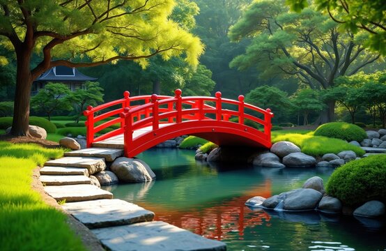 Vibrant red arched bridge spans calm green water in beautiful Japanese garden pond. Stepping stones path leads to shore. Rich foliage, rocks, traditional house create serene oriental landscape.