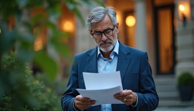 Mature caucasian man in suit and glasses studies papers outside. He has grey hair and a beard, focused on his task. Plants and building lights are blurred in background. Calm and thoughtful.