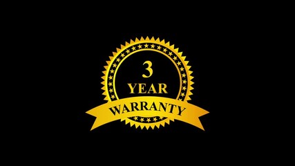 Golden 3 year warranty badge with ribbon on black background, premium quality guarantee label, certification seal, quality assurance, product guarantee seal, metallic gold warranty