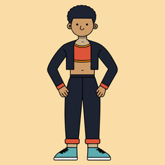 Modern cartoon character with short curly hair wearing stylish casual clothing
