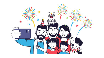Family's Festive Selfie: A joyful family gathers for a selfie, celebrating a special occasion with festive spirit, surrounded by vibrant fireworks and a playful atmosphere.