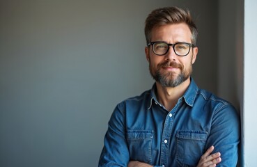 Fototapeta premium Mature man displays self-assuredness against neutral backdrop. Wears glasses, blue shirt with arms crossed, conveying confidence, thoughtful expression. Image represents success, professionalism in