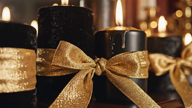 Elegant Black Candles with Golden Ribbons Burning Brightly for a Festive Occasion.