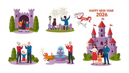 Celebratory Moments of New Year 2026: An illustration showcases joyous celebrations of New Year 2026, including family gatherings, festive fireworks.
