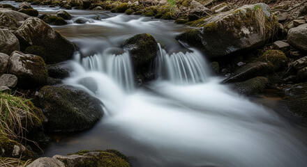 Obraz premium A small waterfall cascades over rocks in a long exposure shot