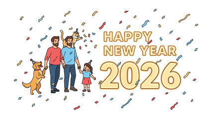 Festive New Year 2026 Celebration: Illustrative scene with family. This image depicts a joyous family celebration with confetti.