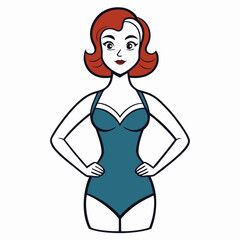 Retro woman in a teal one piece swimsuit with red hair