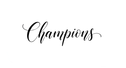 Hand lettered word Champions in elegant script calligraphy typography for graphic design projects. isolated PNG with Transparent Background