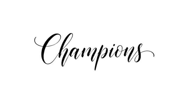 Hand lettered word Champions in elegant script calligraphy typography for graphic design projects. isolated PNG with Transparent Background