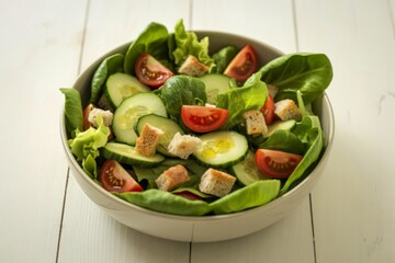 A photograph of a ceramic bowl filled with a vibrant fresh green salad