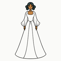 Stylized illustration of a woman in a white wedding dress with puffed sleeves