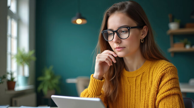 Young woman in black glasses analyzes info on tablet computer at home office. Thinks carefully, making important decision for remote work study. Girl works remotely in modern apartment, focused on - Powered by Adobe