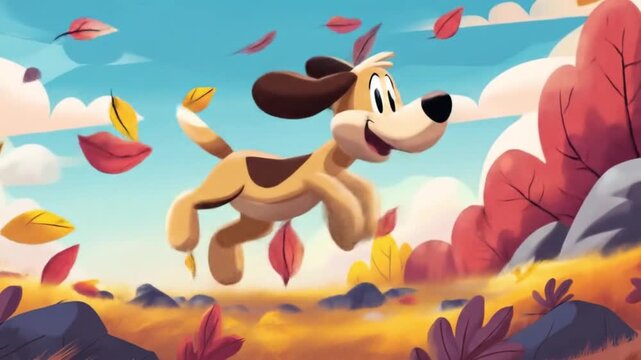 Cheerful cartoon dog leaps across a sunlit autumn landscape, as colorful leaves swirl! in a valley