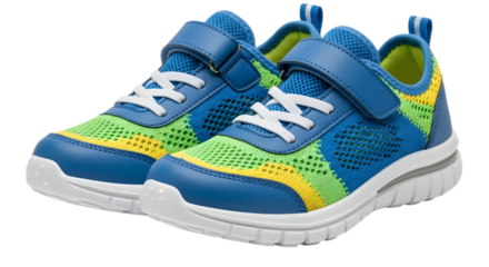 Colorful pair of children's athletic running sneakers for sports and active lifestyle isolated PNG with Transparent Background