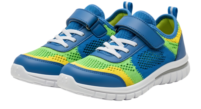 Colorful pair of children's athletic running sneakers for sports and active lifestyle isolated PNG with Transparent Background