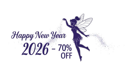New Year Discount and Fairy's Touch: A festive announcement promising savings and good fortune, a fairy figure sprinkled fairy dust to celebrate a new beginning and a fresh start.