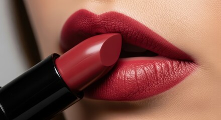 Obraz premium Bold red lipstick on female lips close-up