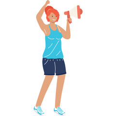 Energetic Woman With Red Hair In A Blue Tank Top And Dark Shorts Holding A Megaphone And Raising Her Arm In A Celebration Pose Against A White Background