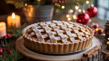 Lattice crust pie with powdered sugar and holiday decorations Photo
