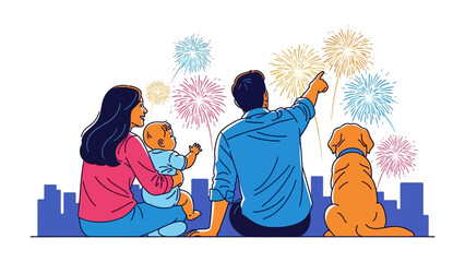 Celebration Sky: A family watches fireworks illuminate the night sky, their faces lit with wonder, as a faithful canine companion joins in the shared experience.