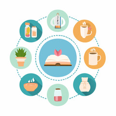 Cozy winter log cabin surrounded by snow-covered evergreen trees under a warm sunset sky, evoking a feeling of peace and tranquility in a picturesque natural landscape illustration