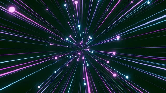 Abstract explosion of neon light streaks and glowing dots on black