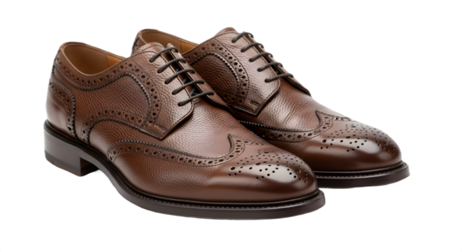 Classic brown leather men's oxford brogues for business and formal style isolated PNG with Transparent Background