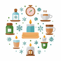 Cozy winter log cabin surrounded by snow-covered evergreen trees under a warm sunset sky, evoking a feeling of peace and tranquility in a picturesque natural landscape illustration