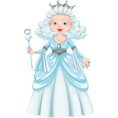 Elegant Ice Queen Illustration Holding Scepter and Ring in Pastel Blue and White Gown with Detailed Crown and Curly White Hair on Transparent Background