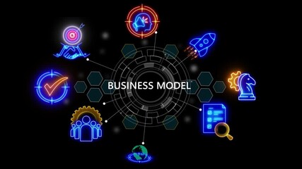 banner of BUSINESS MODEL concept with icons of competence,  cube glow with and holographic futuristic technology security with digital spot light and stretch  matrix global  - Powered by Adobe