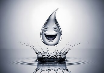 A joyful and happy water drop character with a big laughing face splashing into clean liquid, creating a crown shape on the surface