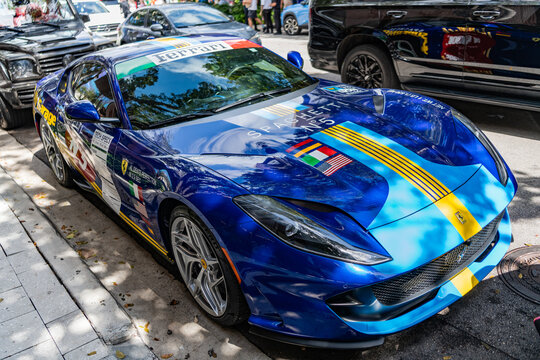 Miami, Florida, USA - February 16, 2025: Car Ferrari 812 Competizione parked outdoor. Blue sportscar, corner view. Ferrari 812 Competizione sport car with tuning. Sportscar Ferrari 812 Competizione