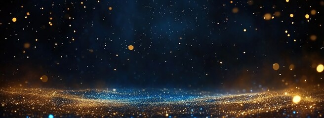 Starry Night Golden Blue Bokeh Background. It shows a cosmic, glamorous element, ideal for events, tech, and fantasy themes. Great for presentation backdrops, and futuristic design projects.