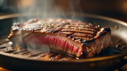 A perfectly seared steak with prominent grill marks and a pink center, sizzling in a hot cast iron pan with steam rising.