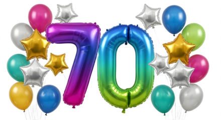 Rainbow colored foil number 70 balloon set for birthday party and anniversary celebration. isolated PNG with Transparent Background