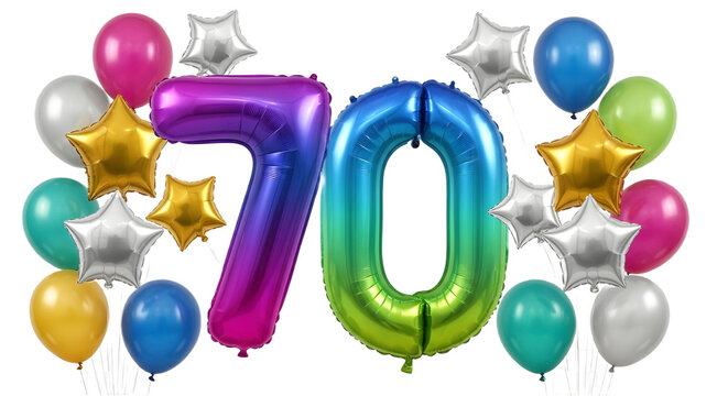 Rainbow colored foil number 70 balloon set for birthday party and anniversary celebration. isolated PNG with Transparent Background