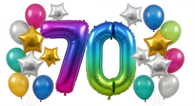 Rainbow colored foil number 70 balloon set for birthday party and anniversary celebration. isolated PNG with Transparent Background - Powered by Adobe