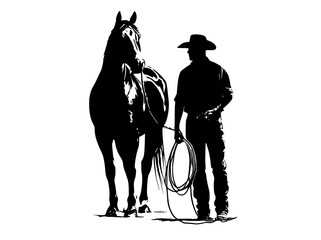 a silhouette of a cowboy standing beside a horse, holding a lassoblack, catch, cowboy, cowboy hat, horse, hose, lasso, man, profile, rein, rope, stand, sun hat 