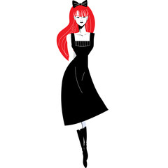 Elegant Woman With Long Flowing Red Hair And Blue Eyes Wearing A Black Square Neck Dress And Black Boots Full Body Studio Shot Isolated On White Background Artistic Illustration