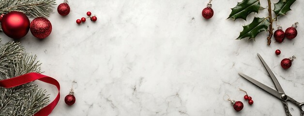 Christmas Red Baubles and Holly with Scissors on Marble Background. ideal for Christmas and DIY themes. Great for greeting cards, craft tutorials, and Christmas design projects.