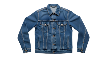 Stylish blue denim jean jacket apparel garment displayed flat lay view isolated PNG with Transparent Background