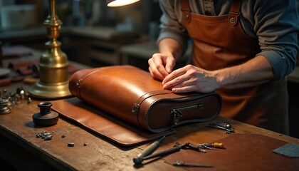 Craftsman stitching a leather bag with tools on wooden table. Hands work on accessory detail. Artisan creates custom travel luggage in workshop. Old style manufacturing.