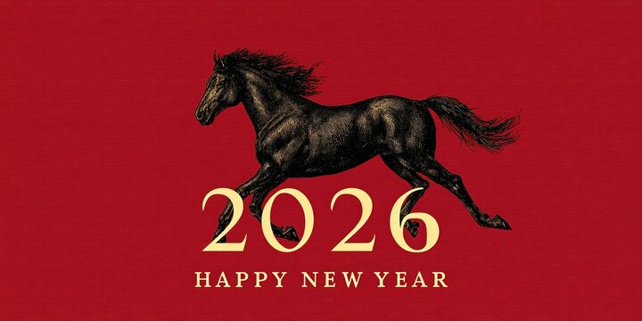 2026 Year of the Horse New Year Greeting with Black Horse on Red Background.  ideal for Chinese New Year and holiday themes. Great for greeting cards, cultural marketing materials, and New Year design - Powered by Adobe