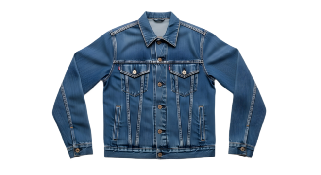 Stylish blue denim jean jacket apparel garment displayed flat lay view isolated PNG with Transparent Background