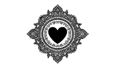 a black and white ornate frame with a heart in the centerblack, circle, design, heart, heart shape, illustration, mandala, ornament, shape, symbol, white 