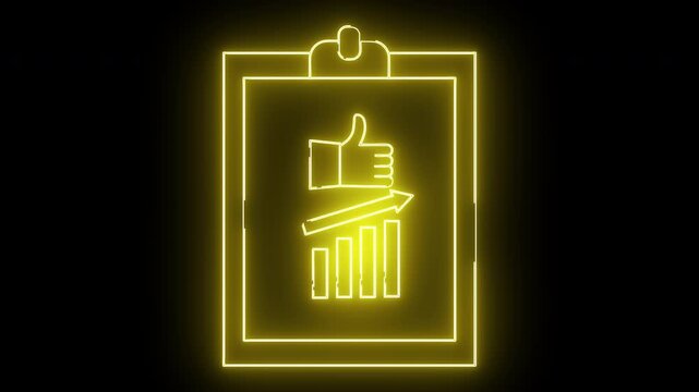 Neon yellow clipboard thumbs up above a rising bar graph on black background