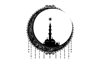a crescent shaped silhouette of a mosque with decorative elementsblack, circle, crescent, frame, hassock, illustration, moon, mosque, oval, profile, star 