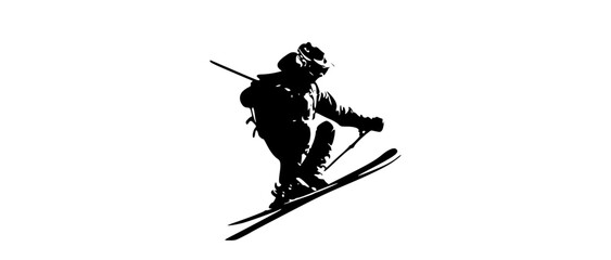 a silhouette of a skier in mid-air, performing a jumpfly, jump, man, person, profile, ski, skier, snowboarder, trick 