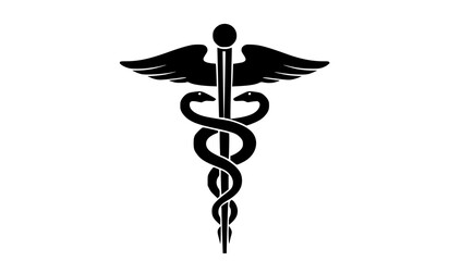 a black and white silhouette of a medical symbol consisting of a staff with two intertwined snakesblack, icon, illustration, medicine, snake, staff, symbol 
